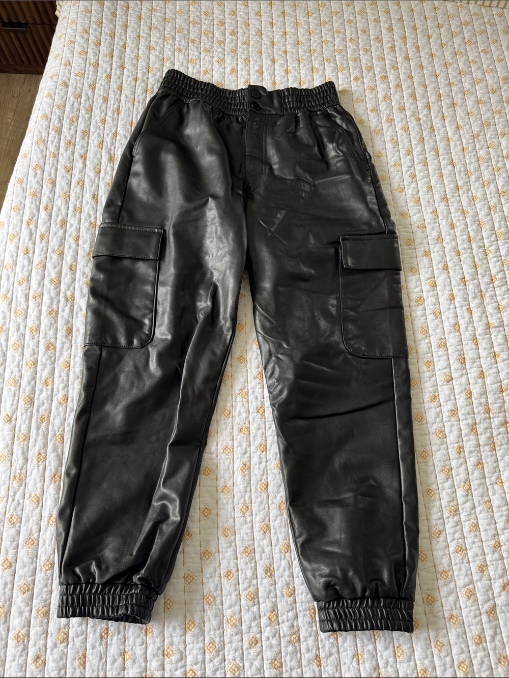 Black Faux Leather Cargo Jogger Pants